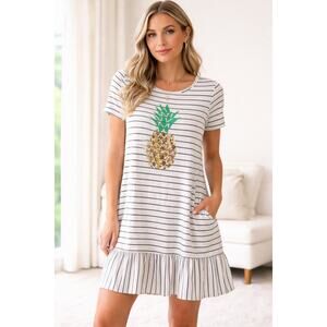 SJS Pineapple Striped Dress gray stripes ruffle hem Size XL NWT